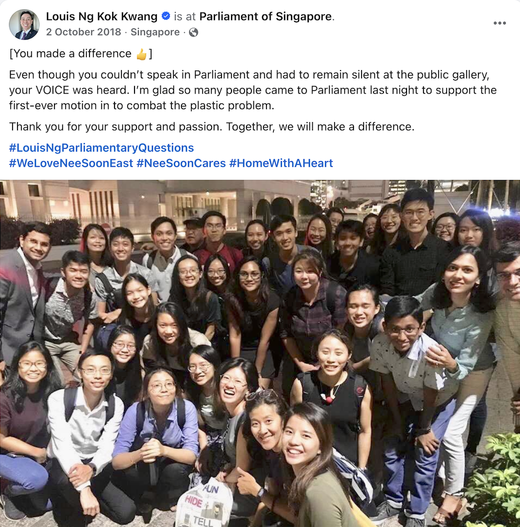 Screenshot of MP Louis Ng's Facebook post thanking the public for coming to Parliament in support of his motion to combat plastic pollution, with a photo of about 40 people
